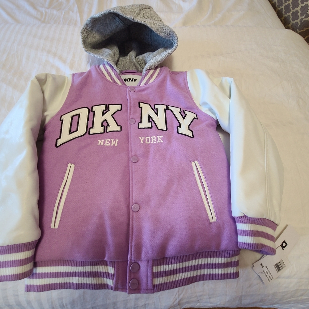 NWT DKNY Purple and White Varsity Jacket Size S (7-8)